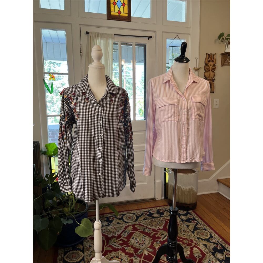 Beach Lunch Lounge M Shirt LOT Embroidered Floral Gingham Pink Plaid Button Top